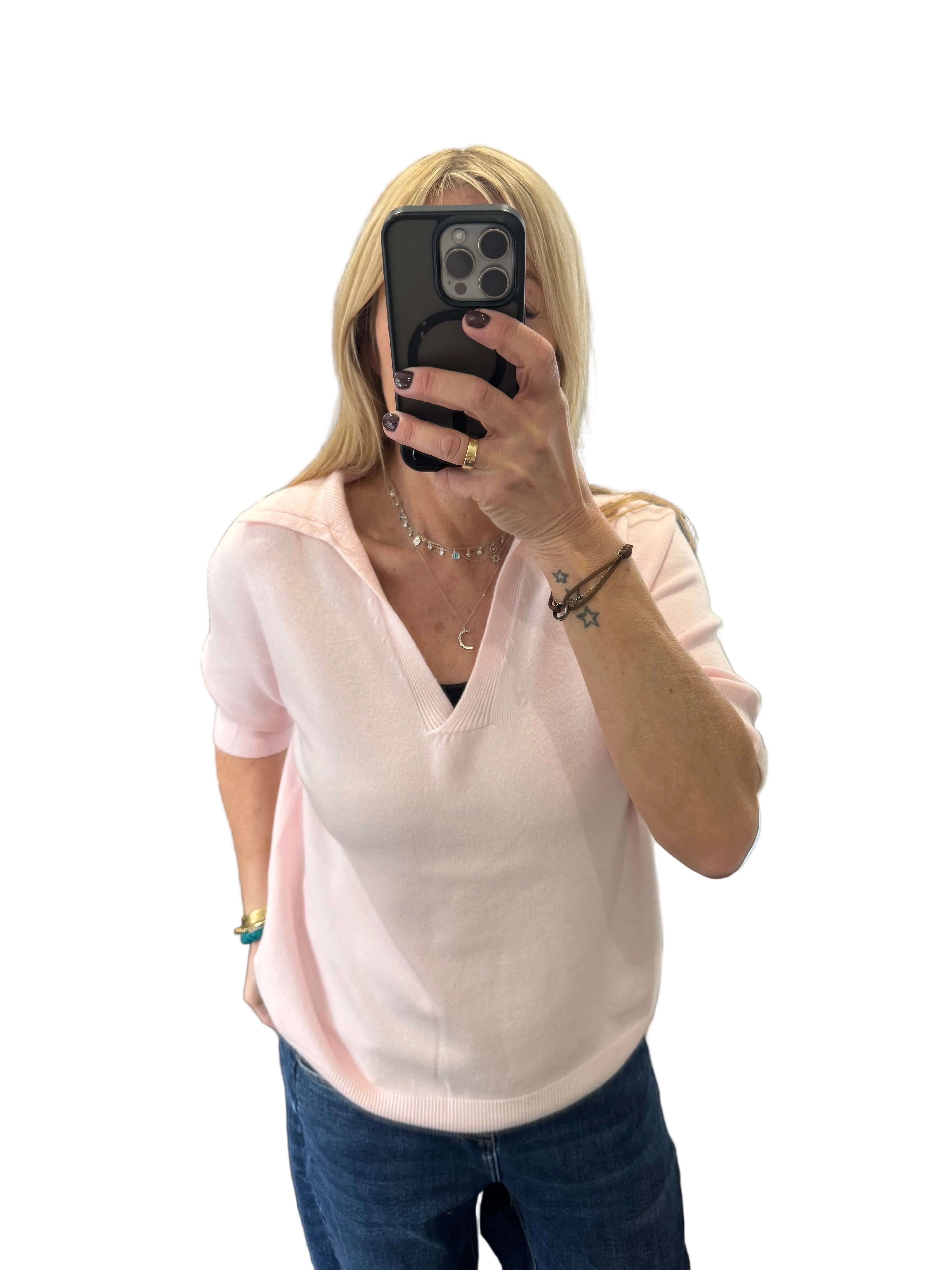 Knitted pink collar v neck