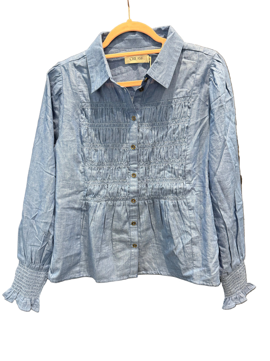 Denim smocked chambre shirt