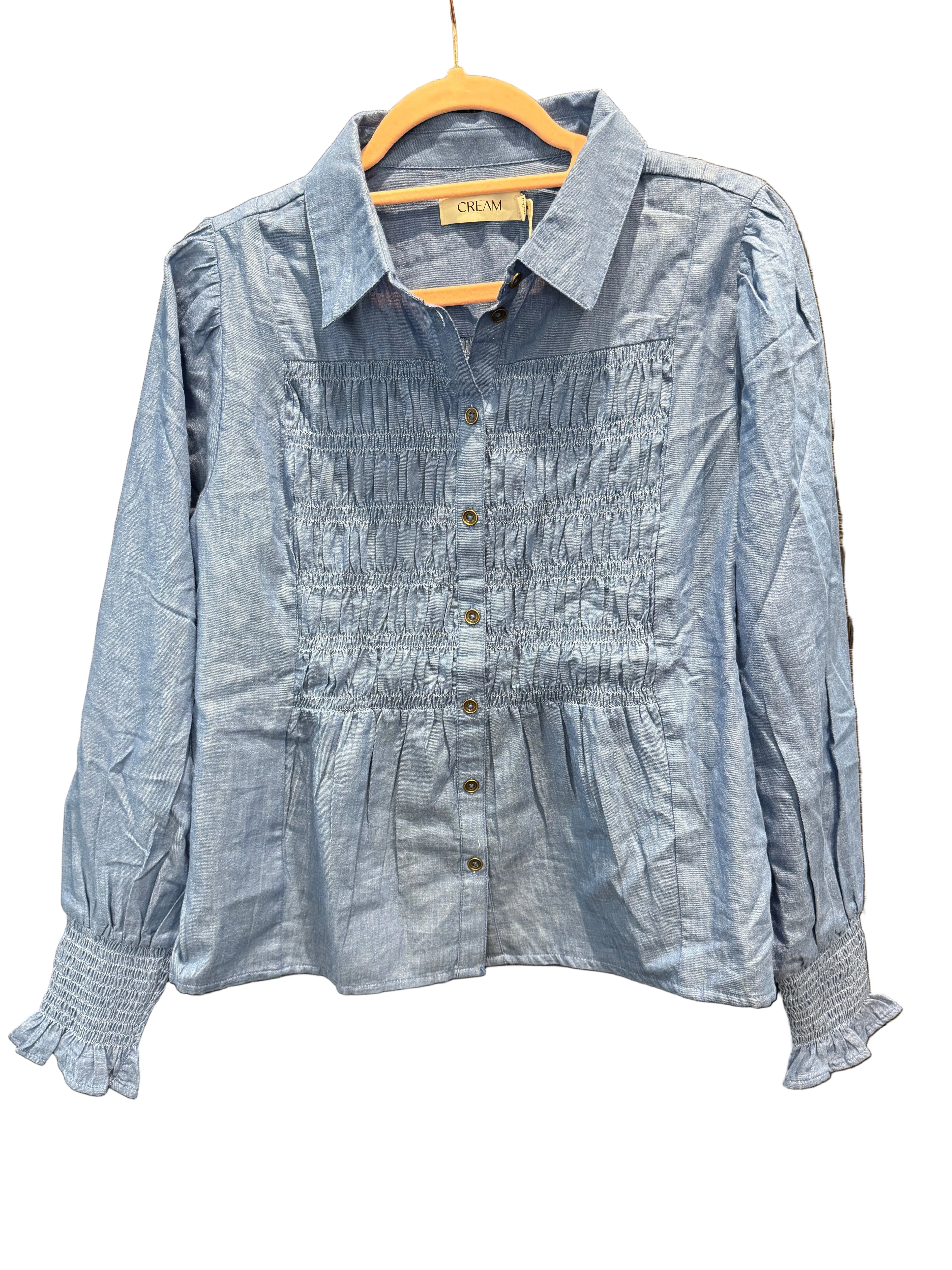 Denim smocked chambre shirt