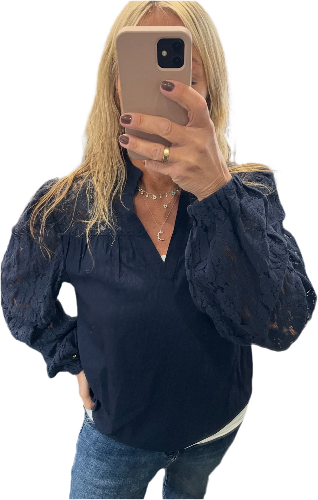 Navy lace detail blouse