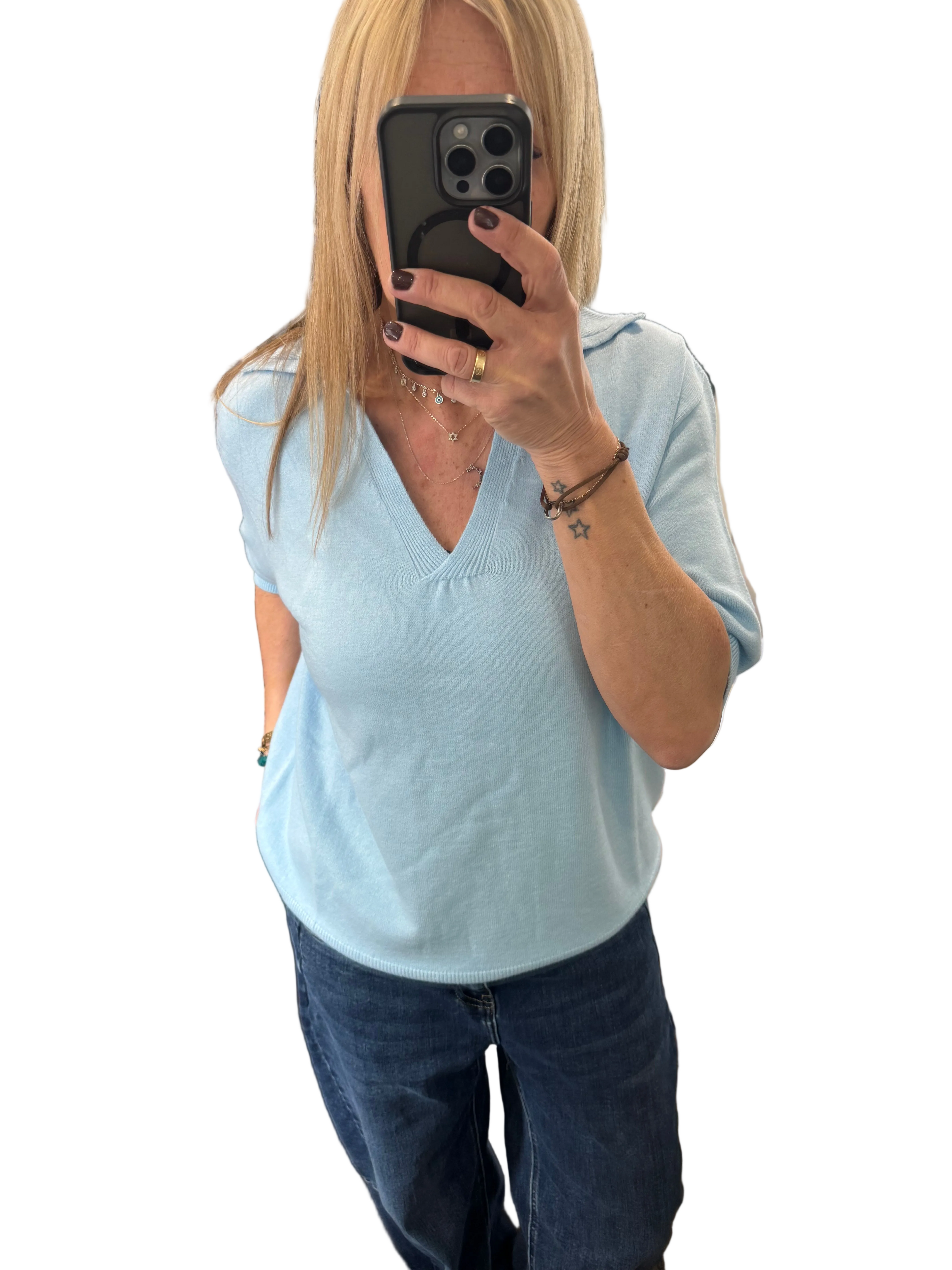 Collar v neck pale blue knit