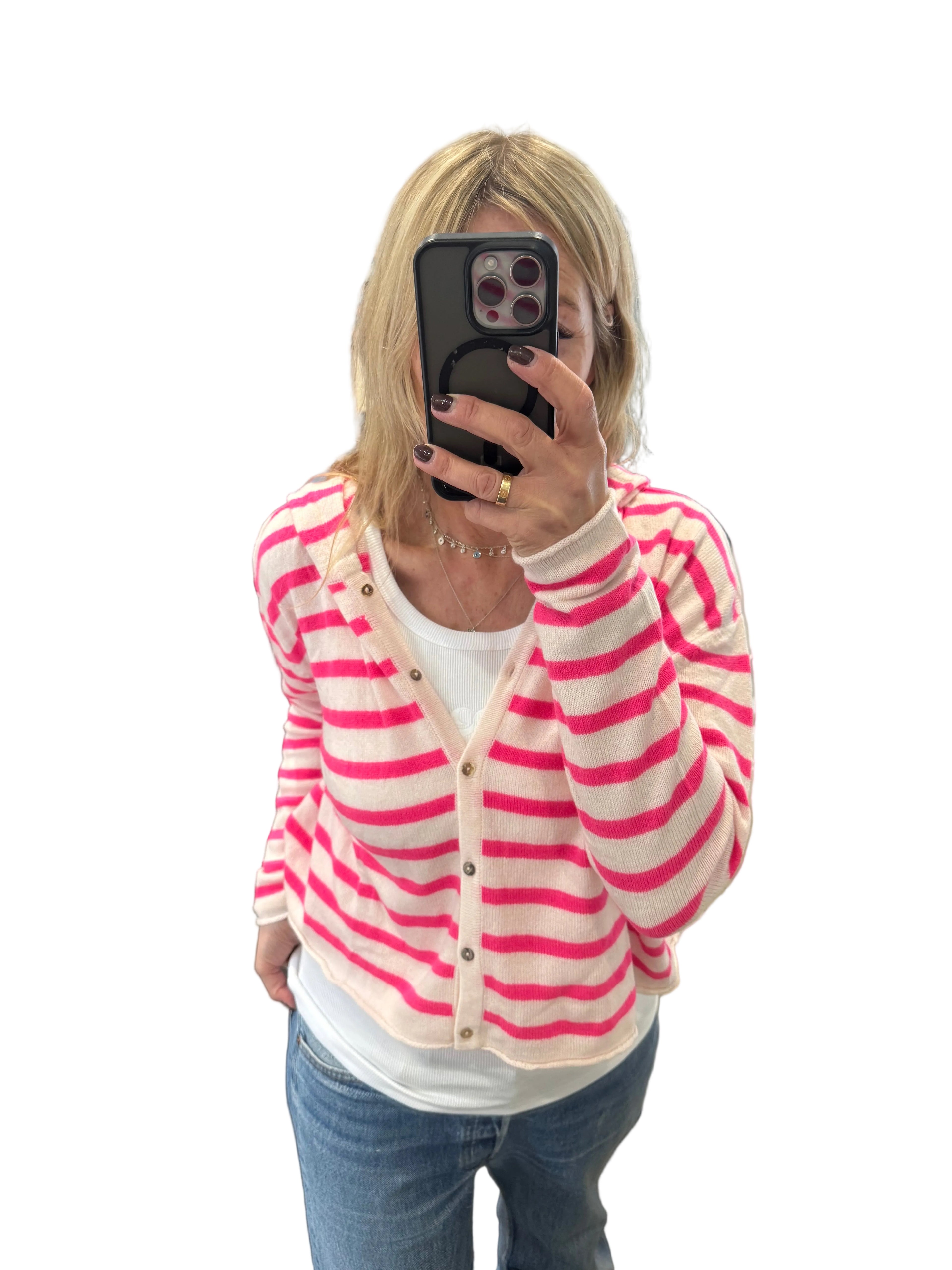 Ochre pink white stripe hooded cardigan