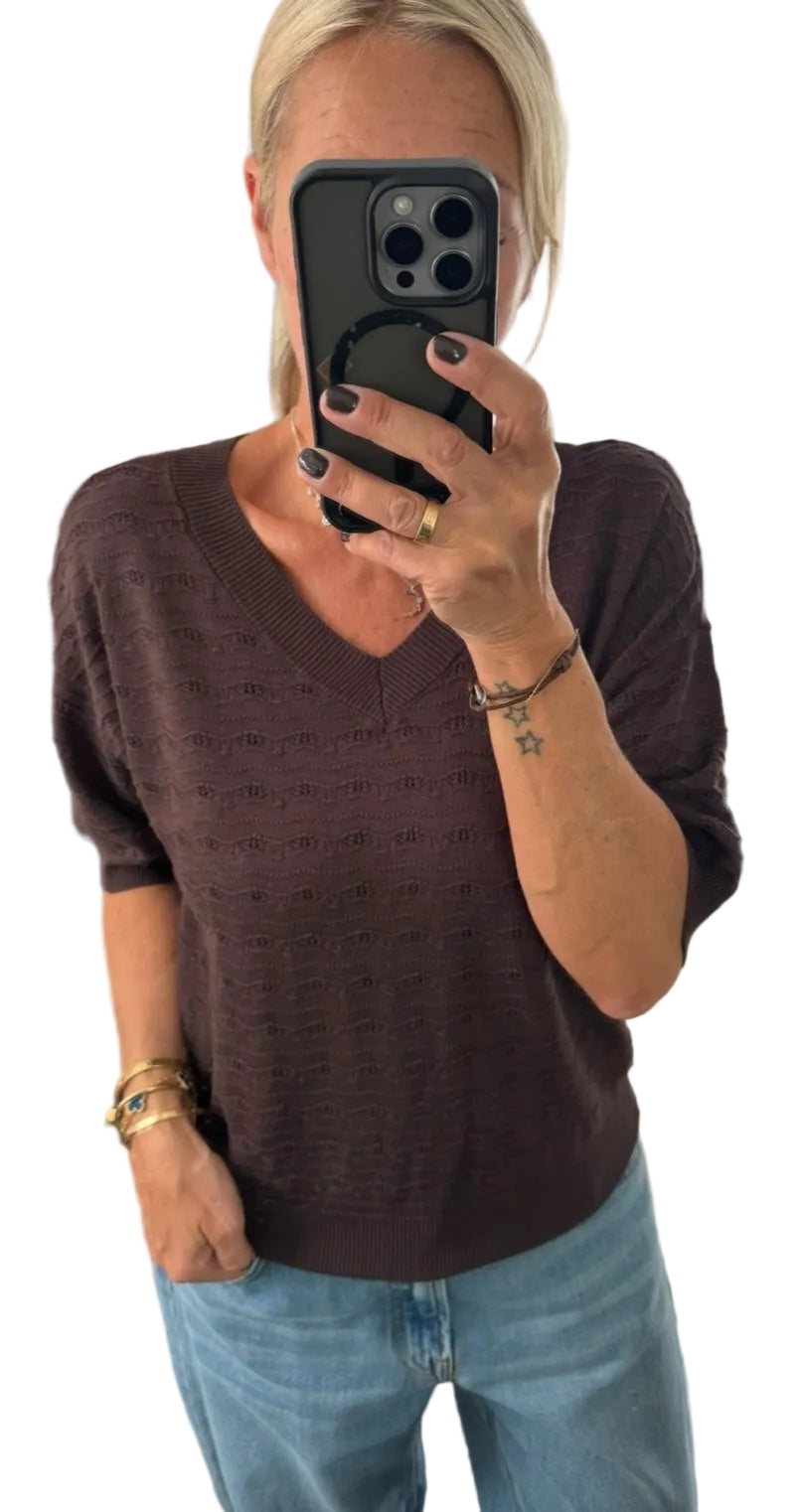 Cream clothing brown knitted v neck jumper