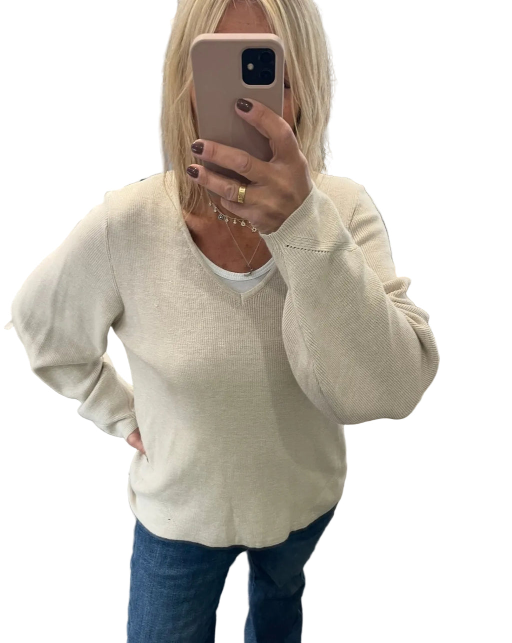 V neck oatmeal ribbed jumper