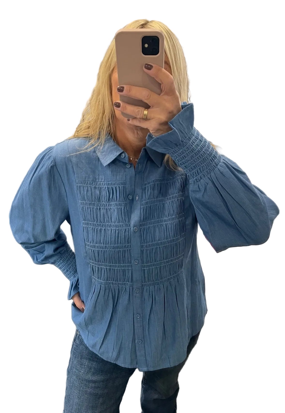 Denim smocked chambre shirt